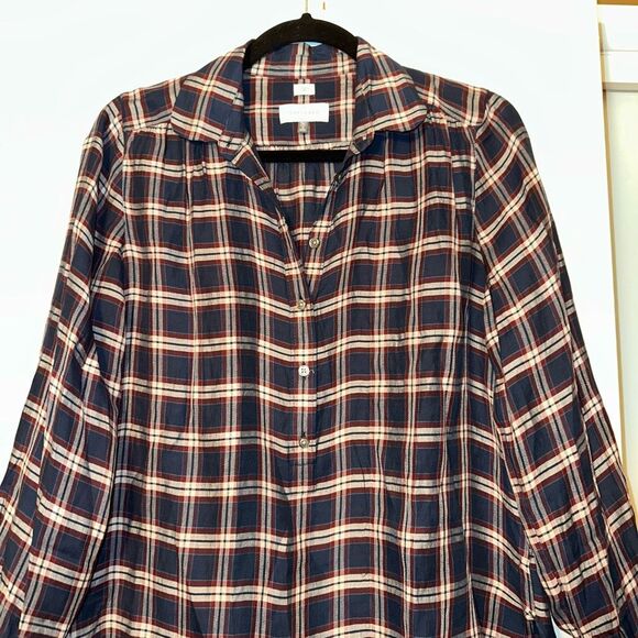 Ann Taylor LOFT SP The Softened Shirt Navy Red Plaid Half Button Collared Womens - Picture 3 of 9